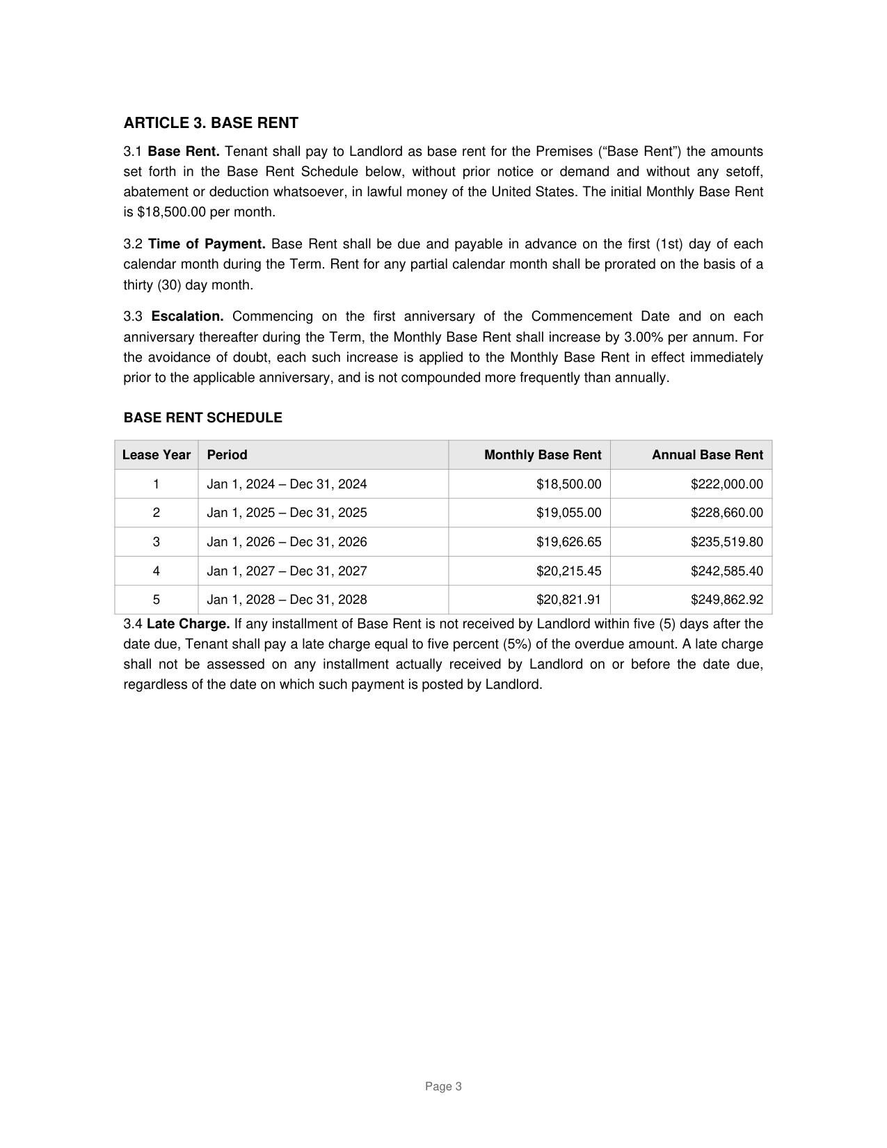 Lease page 3: The initial Monthly Base Rent is $18,500.00 per month.