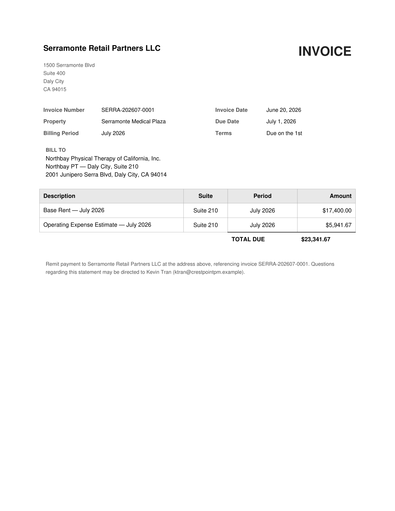Invoice page 1: Base Rent — July 2026, $17,400.00