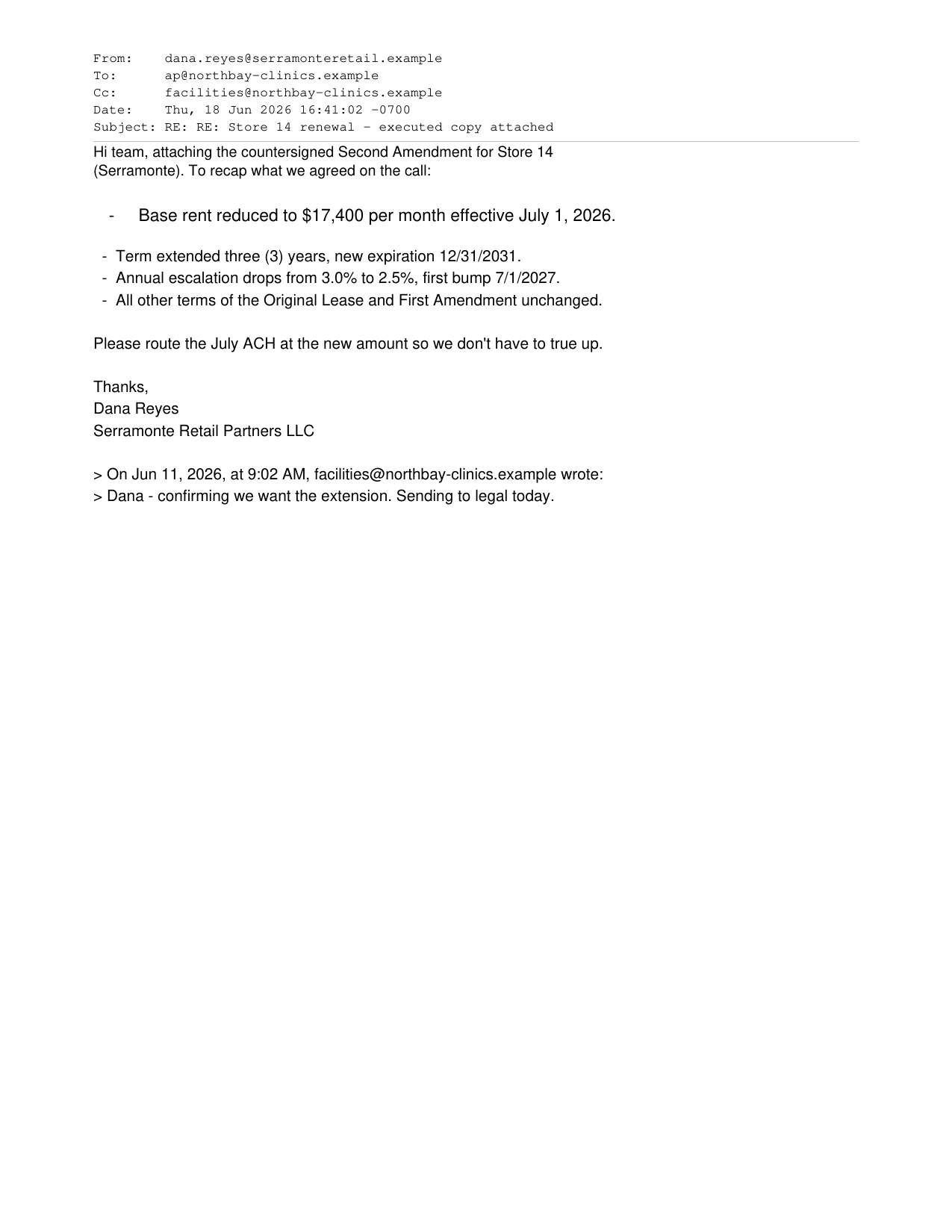Email page 1: Base rent reduced to $17,400 per month effective July 1, 2026.